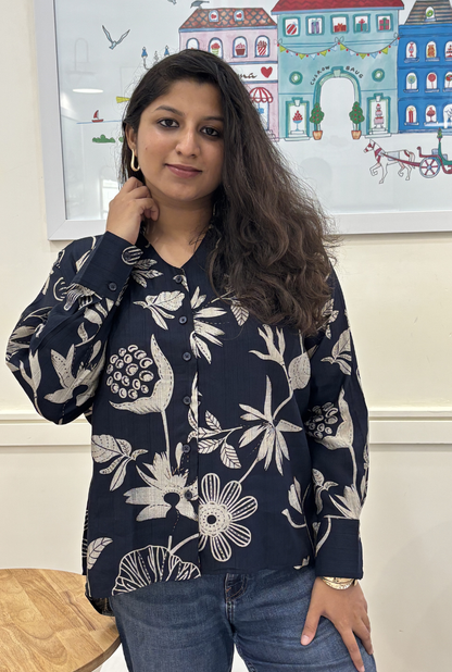 Navy Blue Floral Print Shirt for Women | Full Sleeve Button-Down Casual Shirt