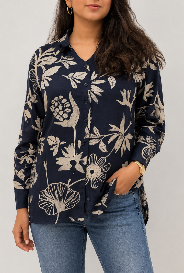 Navy Blue Floral Print Shirt for Women | Full Sleeve Button-Down Casual Shirt