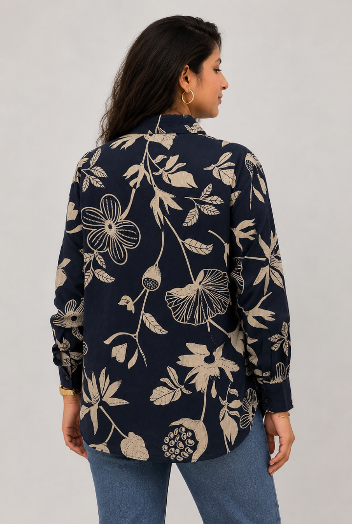 Navy Blue Floral Print Shirt for Women | Full Sleeve Button-Down Casual Shirt