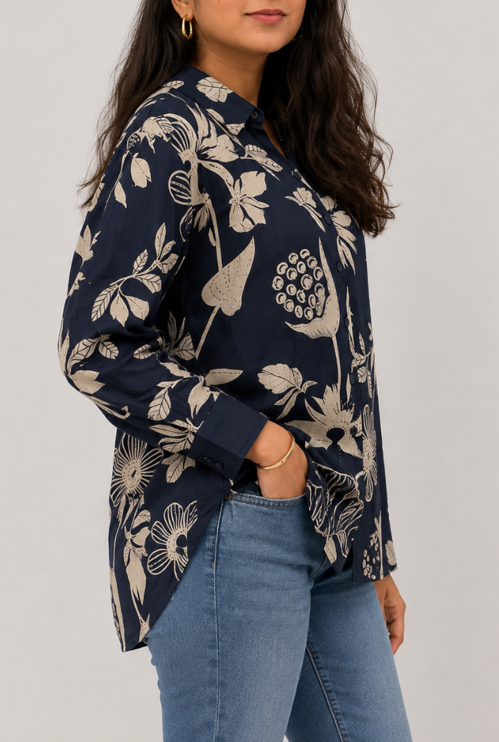 Navy Blue Floral Print Shirt for Women | Full Sleeve Button-Down Casual Shirt