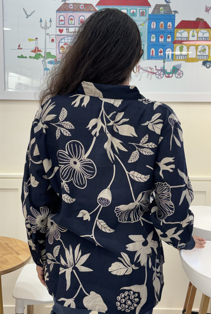 Navy Blue Floral Print Shirt for Women | Full Sleeve Button-Down Casual Shirt