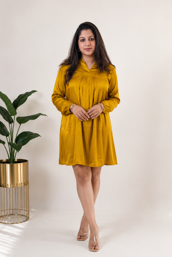 Mustard Yellow Gajji Silk Pleated Mini Dress for Women | Elegant Long Sleeve A-Line Dress