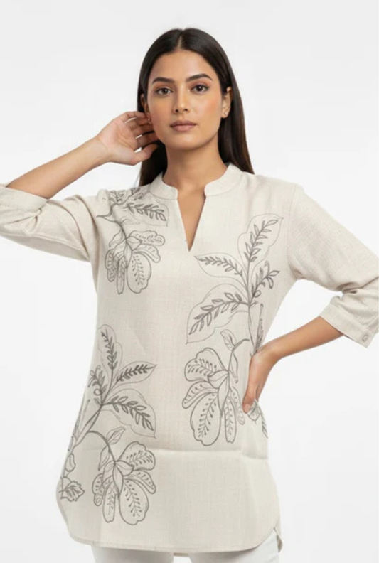 Floral Print Straight Off White Kurti