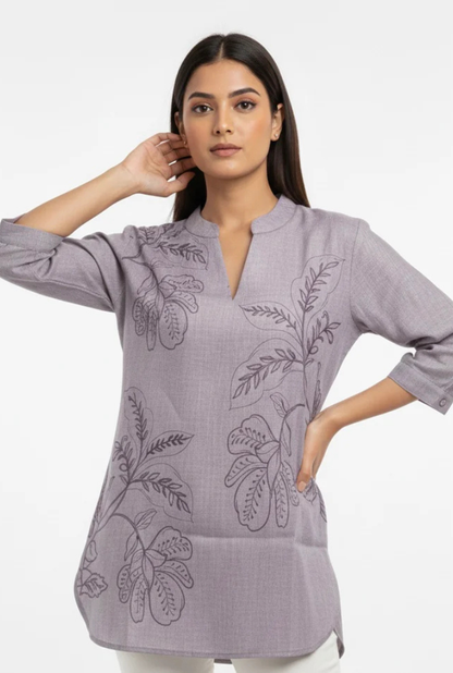 Floral Print Straight Muted Lavender Kurti