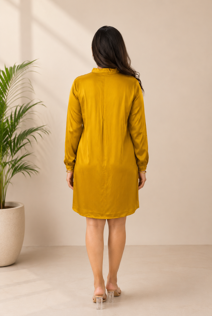 Mustard Yellow Gajji Silk Pleated Mini Dress for Women | Elegant Long Sleeve A-Line Dress