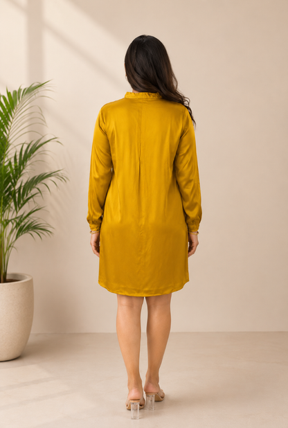Mustard Yellow Gajji Silk Pleated Mini Dress for Women | Elegant Long Sleeve A-Line Dress