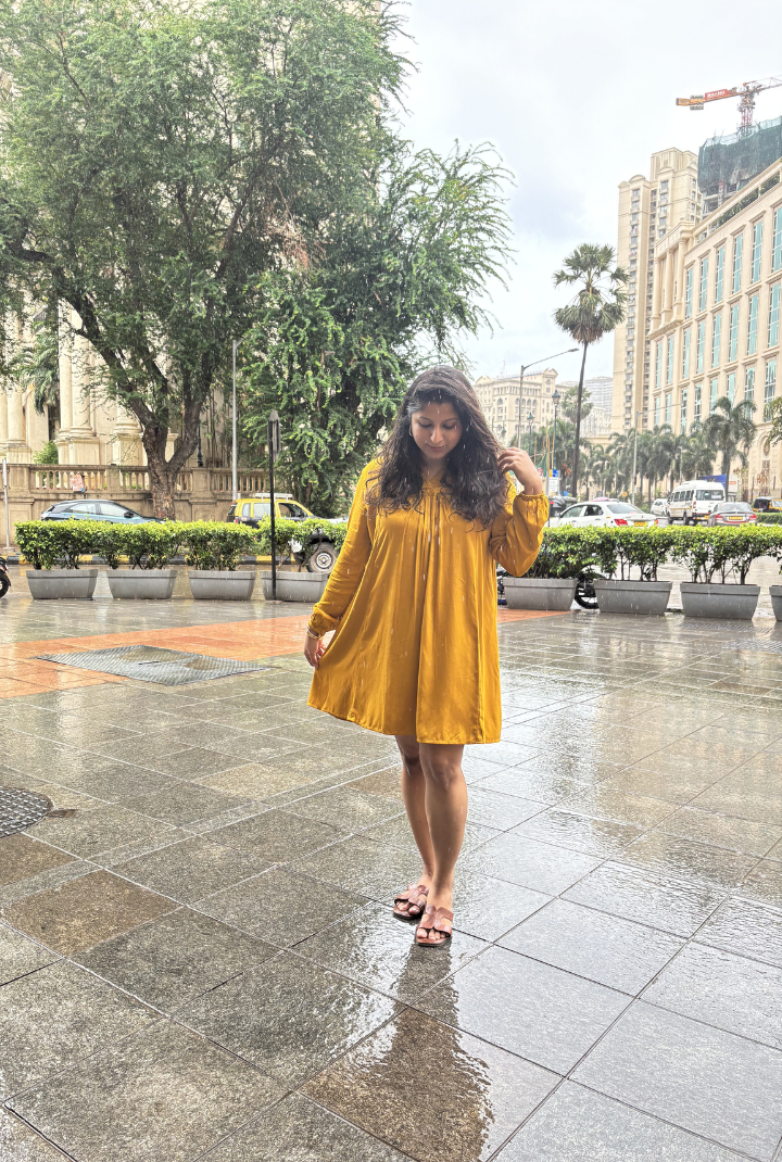 Mustard Yellow Gajji Silk Pleated Mini Dress for Women | Elegant Long Sleeve A-Line Dress