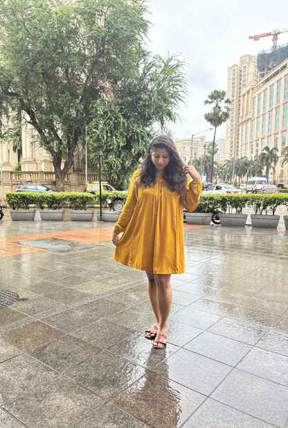 Mustard Yellow Gajji Silk Pleated Mini Dress for Women | Elegant Long Sleeve A-Line Dress