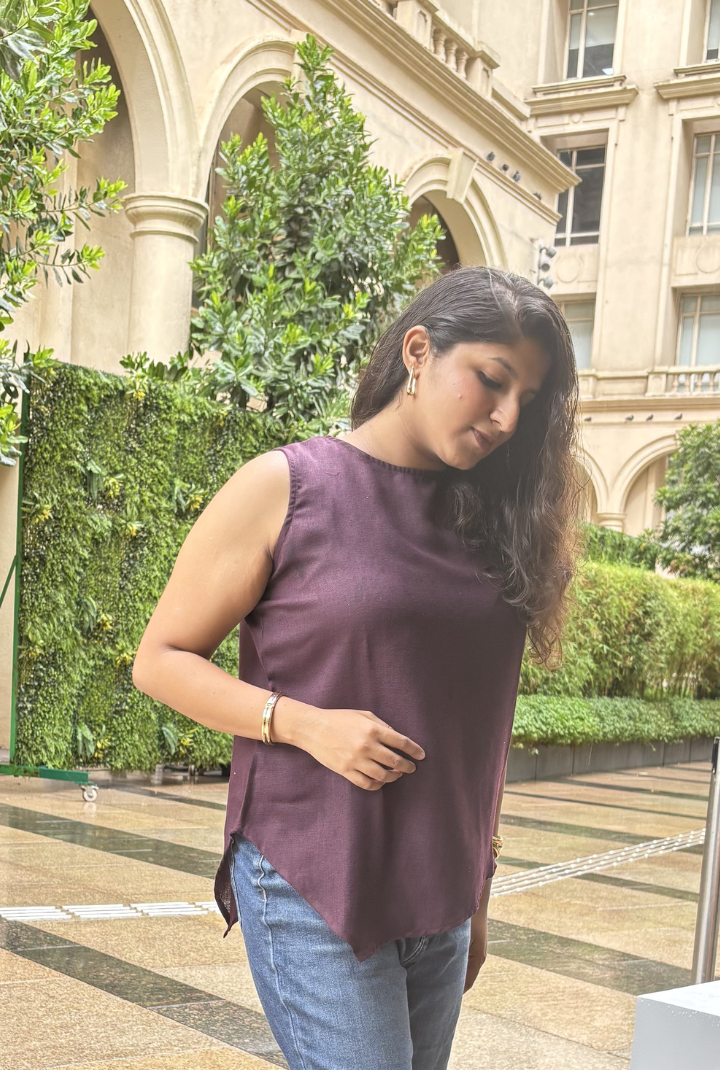 Wine Purple Linen Cotton Asymmetrical Top for Women | Sleeveless High Neck Casual Top