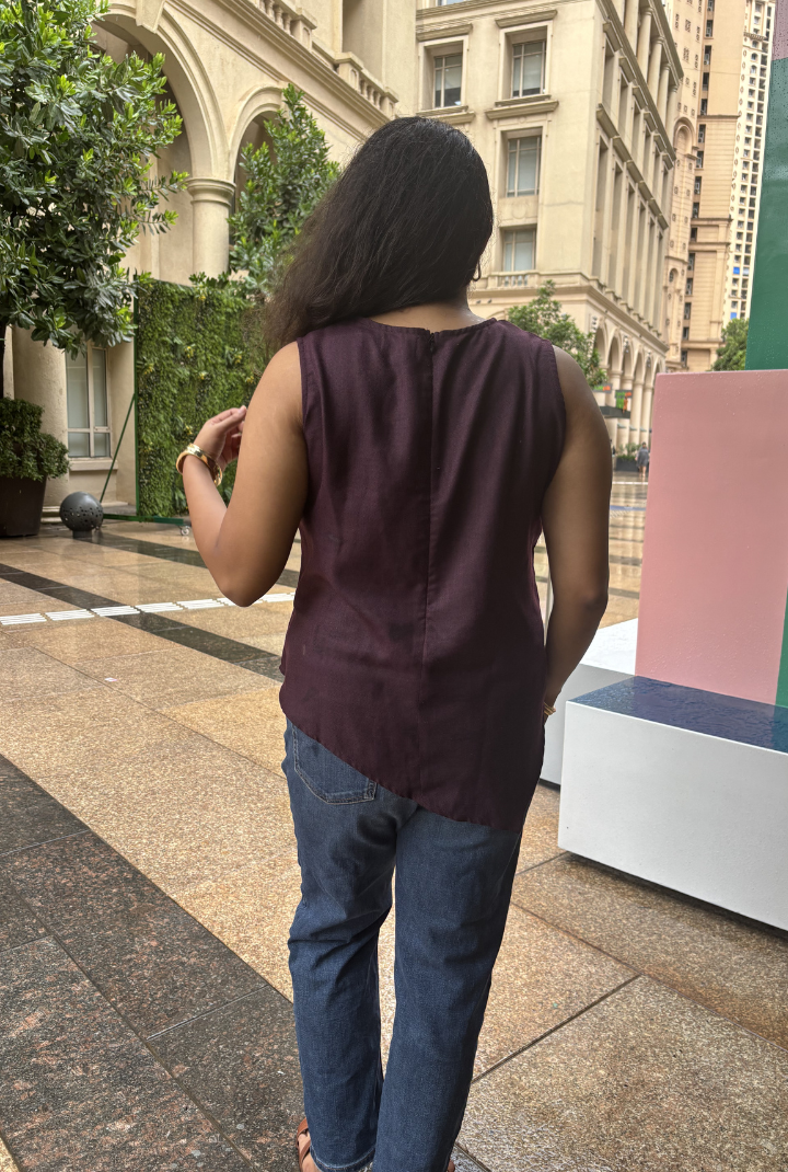 Wine Purple Linen Cotton Asymmetrical Top for Women | Sleeveless High Neck Casual Top