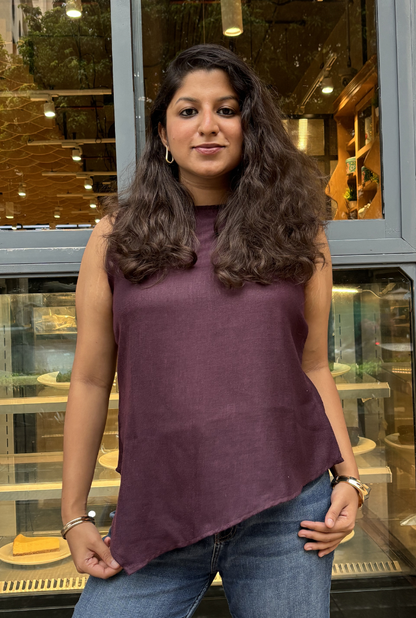 Wine Purple Linen Cotton Asymmetrical Top for Women | Sleeveless High Neck Casual Top