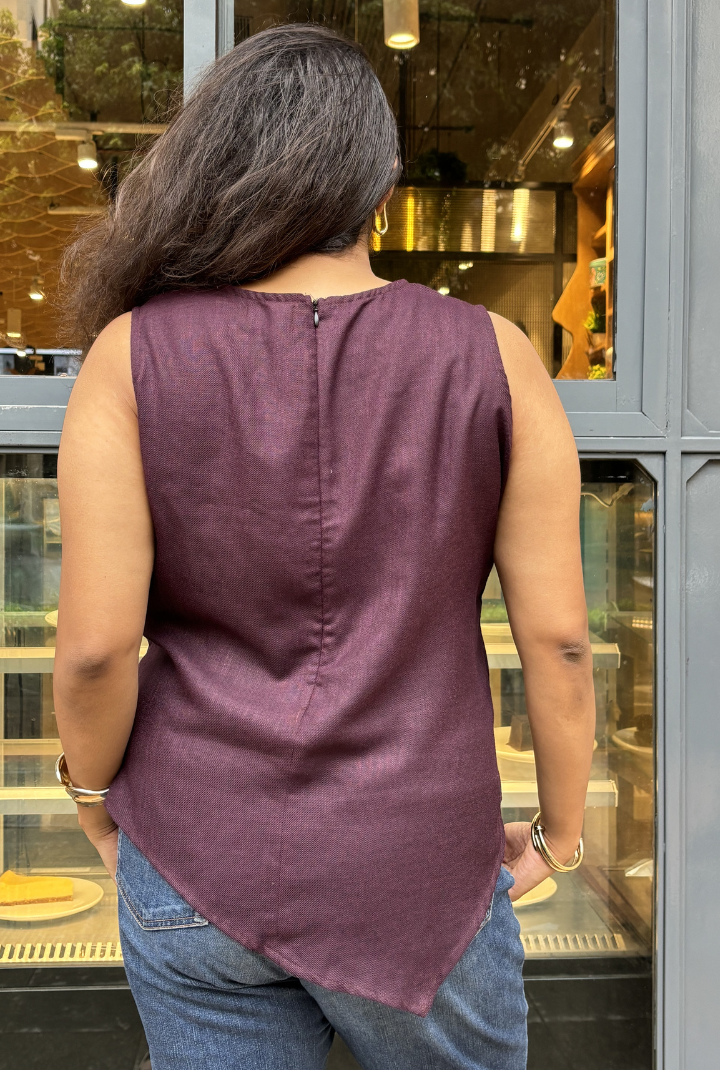 Wine Purple Linen Cotton Asymmetrical Top for Women | Sleeveless High Neck Casual Top