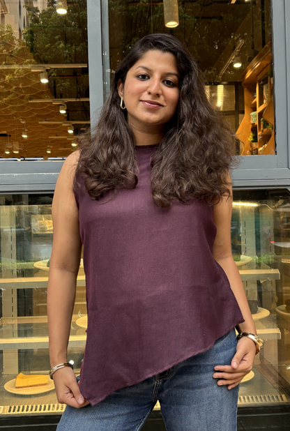 Wine Purple Linen Cotton Asymmetrical Top for Women | Sleeveless High Neck Casual Top