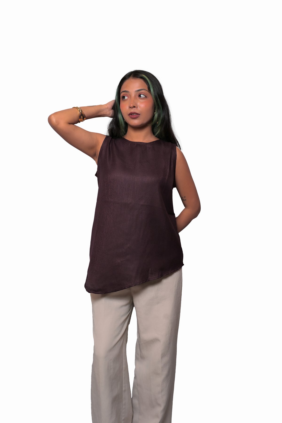 Wine Purple Linen Cotton Asymmetrical Top