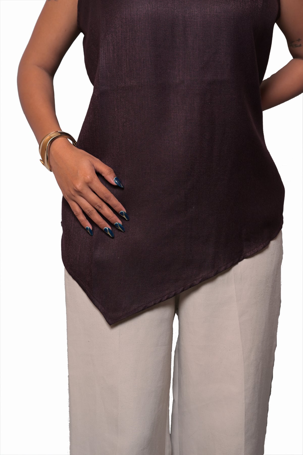 Wine Purple Linen Cotton Asymmetrical Top