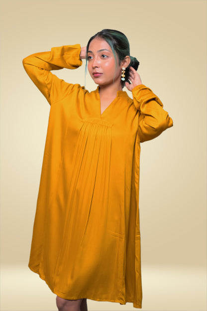 Yellow Gajji Silk Pleated Mini Dress