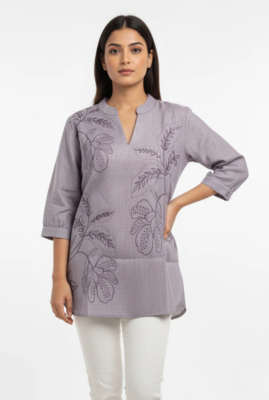 Floral Print Straight Muted Lavender Kurti