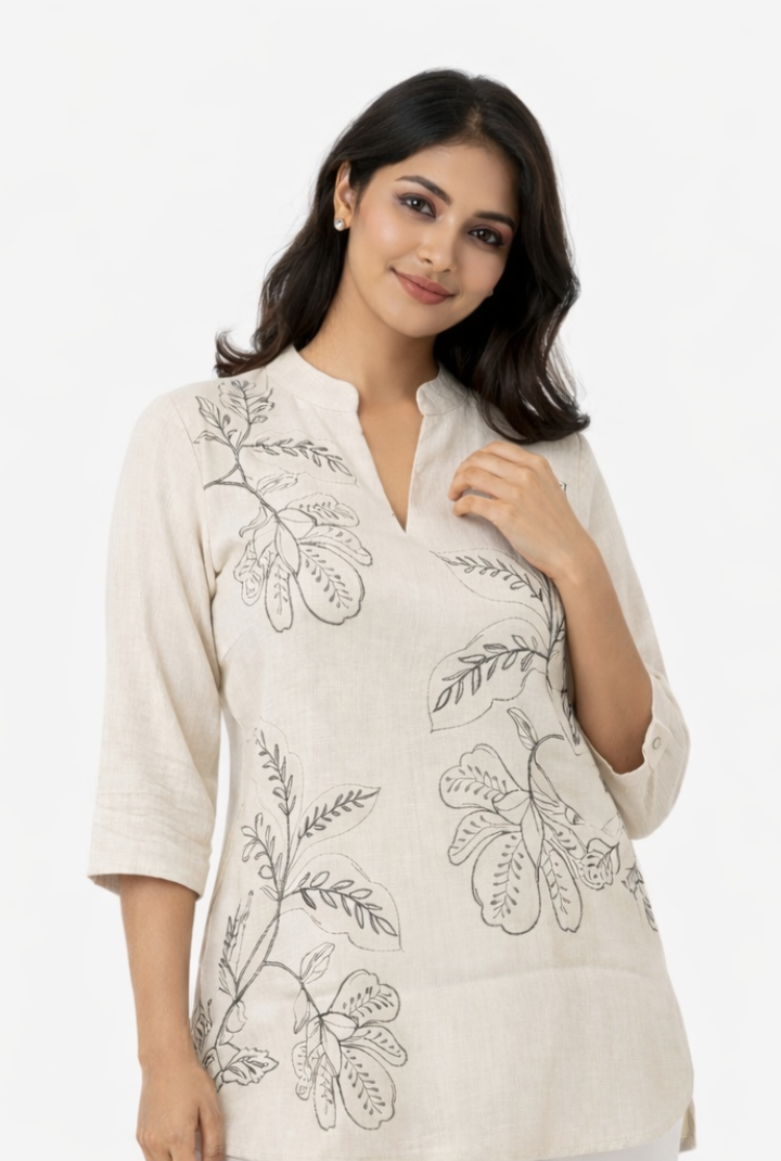 Floral Print Straight Off White Kurti