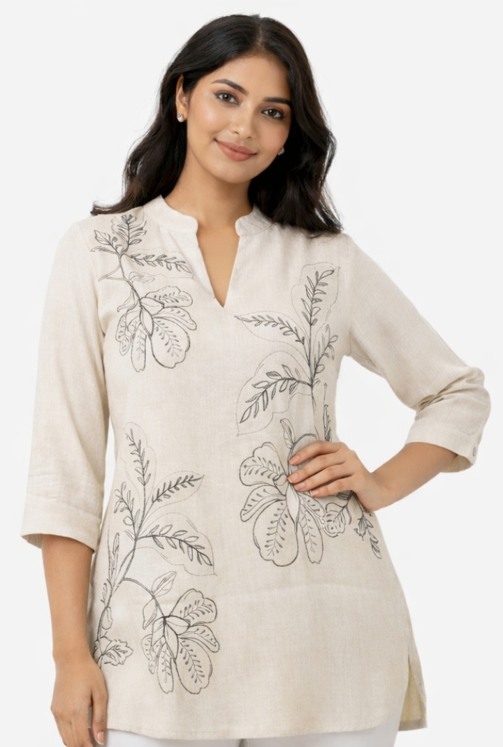 Floral Print Straight Off White Kurti