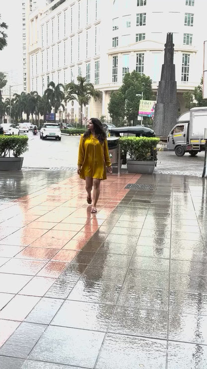 Mustard Yellow Gajji Silk Pleated Mini Dress for Women | Elegant Long Sleeve A-Line Dress