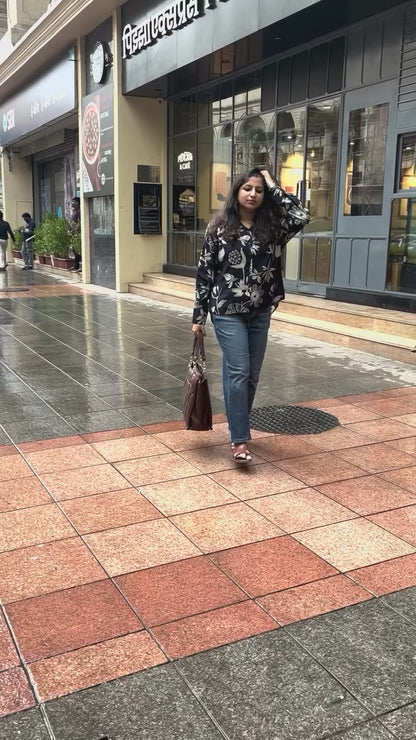 Navy Blue Floral Print Shirt for Women | Full Sleeve Button-Down Casual Shirt