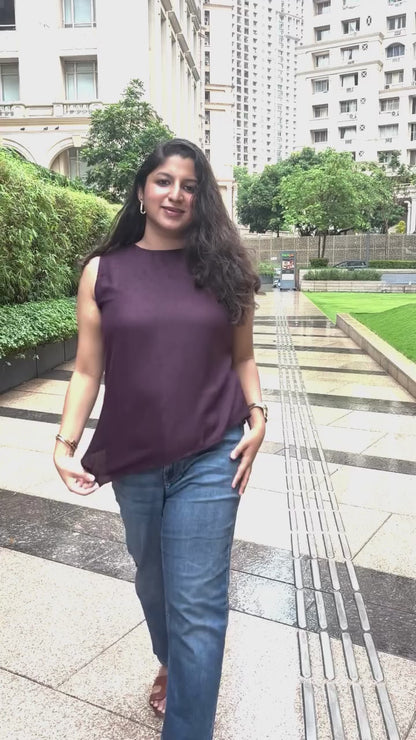 Wine Purple Linen Cotton Asymmetrical Top for Women | Sleeveless High Neck Casual Top